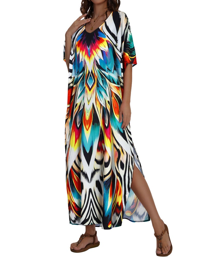 JILUVIN Kaftan Dresses for Women Plus Size V Neck Caftan Long Batwing Sleeve Swimsuit Cover Up Beach Swimwear (Lotus Zebra Printed,One Size) - Image 5