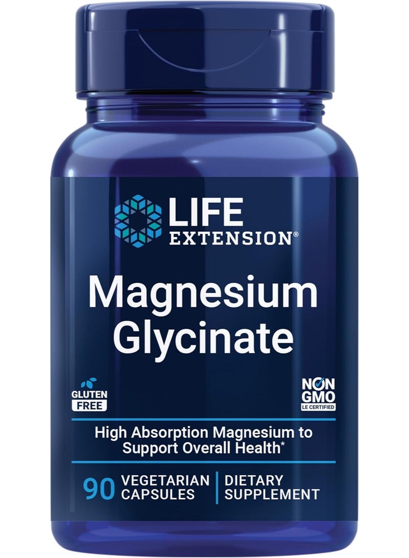 Life Extension Magnesium Glycinate, Heart Health, Bone Health, Nerve and Muscle Support, Highly absorbable, Gluten-Free, Non-GMO, Vegetarian, 90 Capsules - Image 1