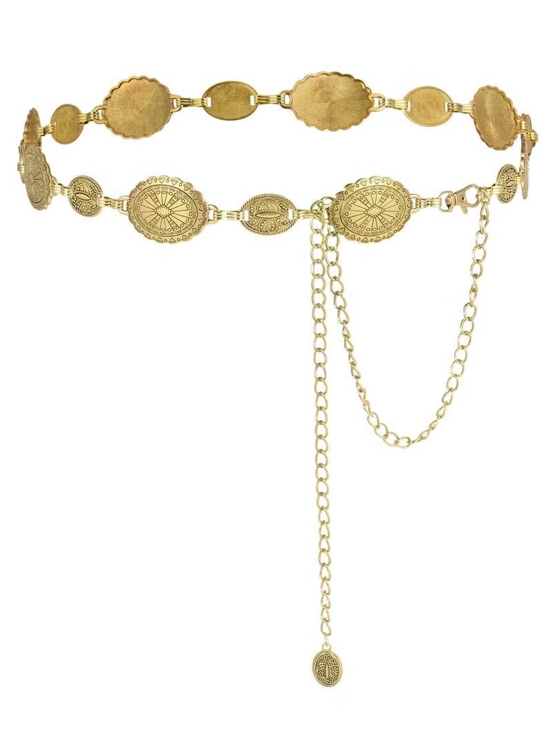 حزام سلسلة كونشو المعدني الذهبي للنساء - سلسلة خصر قابلة للتعديل بتصميم بوهو العتيق - Image 1