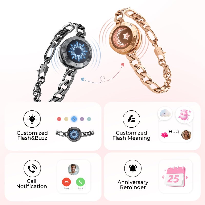 totwoo Long Distance Touch Bracelets for Couples, Smart Light & Vibration Love Jewelry, Long Distance Relationship Gifts for Girlfriend Her Him with Pink Gift Box, One-to-One Bluetooth Pairing via the Companion App - Image 3
