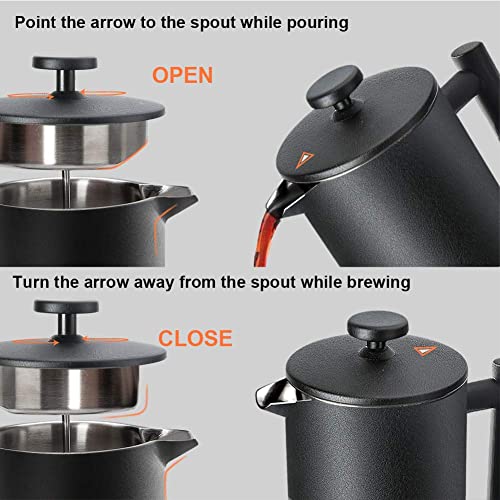 Secura French Press Coffee Maker, 304 Grade Stainless Steel Insulated Coffee Press with 2 Extra Screens, 34oz (1 Litre), Black - Image 5