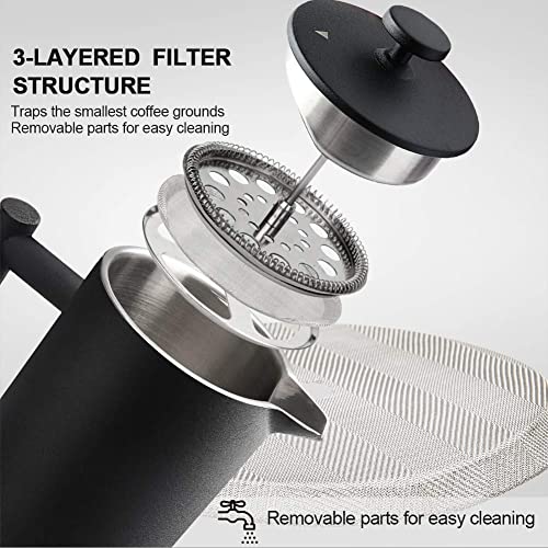 Secura French Press Coffee Maker, 304 Grade Stainless Steel Insulated Coffee Press with 2 Extra Screens, 34oz (1 Litre), Black - Image 3