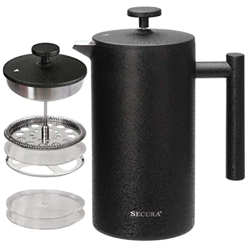 Secura French Press Coffee Maker, 304 Grade Stainless Steel Insulated Coffee Press with 2 Extra Screens, 34oz (1 Litre), Black - Image 1