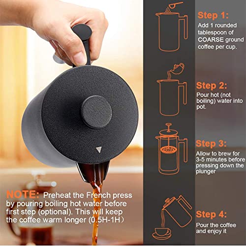 Secura French Press Coffee Maker, 304 Grade Stainless Steel Insulated Coffee Press with 2 Extra Screens, 34oz (1 Litre), Black - Image 2