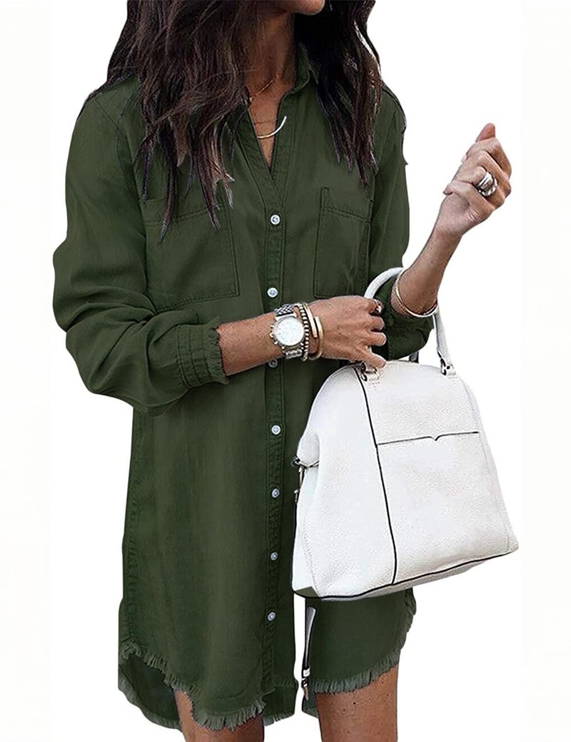 Zilcremo Women Denim Shirt Dresses Long Sleeve Distressed Jean Dress Button Down Casual Tunic Top ArmyGreen S - Image 1