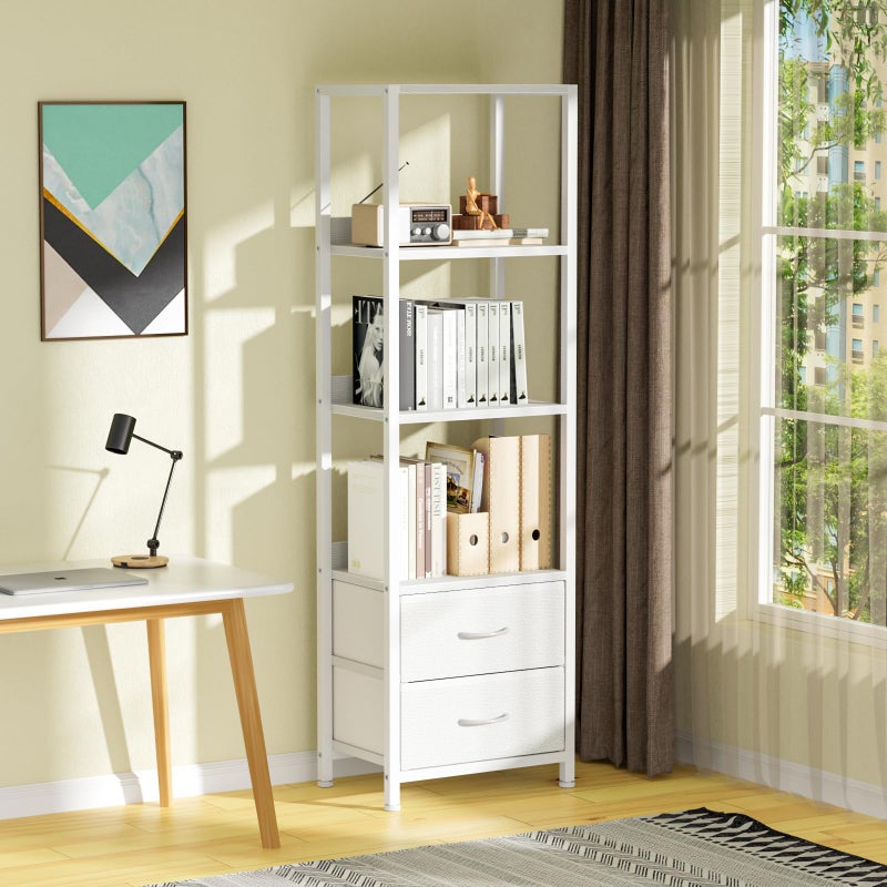 Furnulem 4-Tier Corner Shelf, Bookshelf with 2 Storage Drawers, 57.28â€Tall Narrow Bookcase, Standing Shelf Organizer Unit for Living Room, Bedroom, Metal Frame, Wood Display Shelf - Image 3