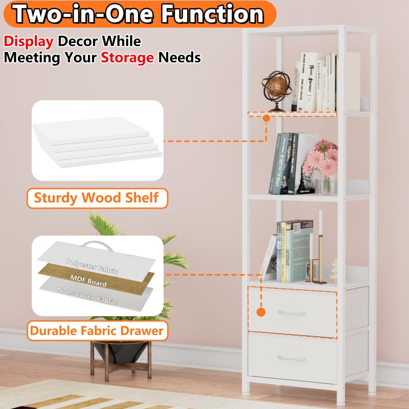 Furnulem 4-Tier Corner Shelf, Bookshelf with 2 Storage Drawers, 57.28â€Tall Narrow Bookcase, Standing Shelf Organizer Unit for Living Room, Bedroom, Metal Frame, Wood Display Shelf - Image 4