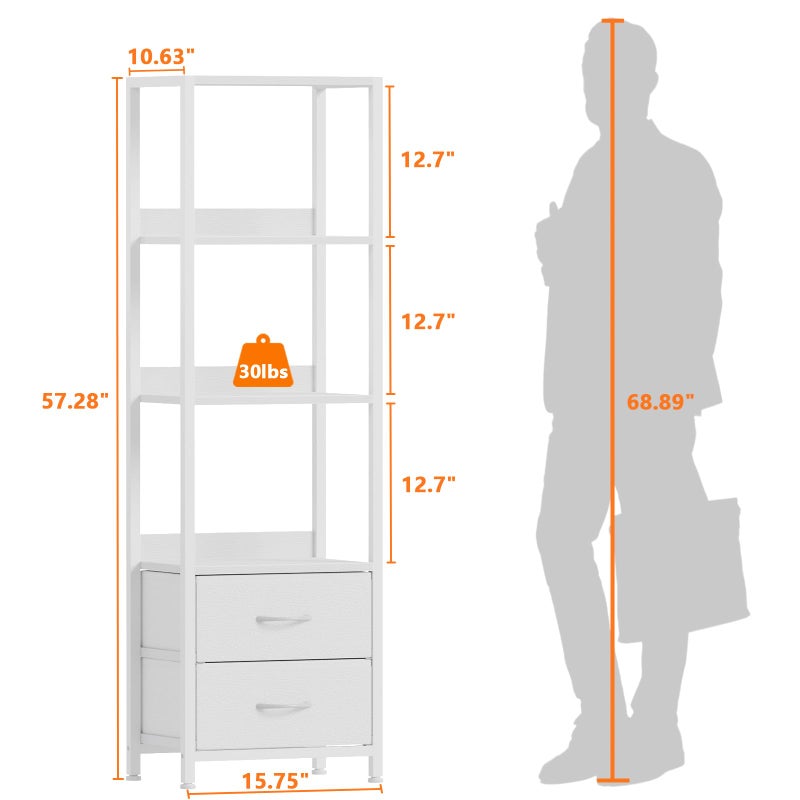 Furnulem 4-Tier Corner Shelf, Bookshelf with 2 Storage Drawers, 57.28â€Tall Narrow Bookcase, Standing Shelf Organizer Unit for Living Room, Bedroom, Metal Frame, Wood Display Shelf - Image 2