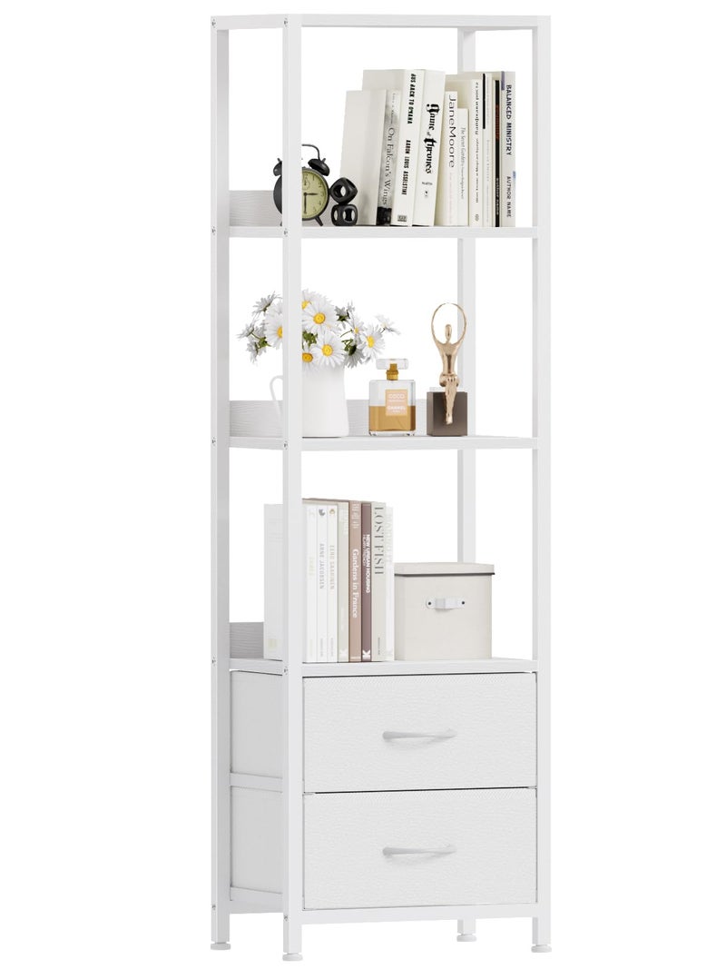Furnulem 4-Tier Corner Shelf, Bookshelf with 2 Storage Drawers, 57.28â€Tall Narrow Bookcase, Standing Shelf Organizer Unit for Living Room, Bedroom, Metal Frame, Wood Display Shelf - Image 1