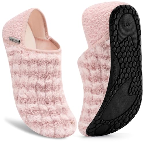 VIFUUR House Slippers for Women Men Slip on Indoor Barefoot Slipper Socks Fuzzy Cozy Sock Shoes for Home Bedroom Travel Pink Striped 38/39 - Image 1
