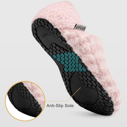 VIFUUR House Slippers for Women Men Slip on Indoor Barefoot Slipper Socks Fuzzy Cozy Sock Shoes for Home Bedroom Travel Pink Striped 38/39 - Image 4