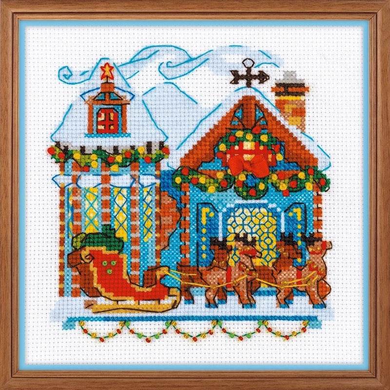 Riolis - Cabin with Sleigh 1661, Christmas Cross Stitch Kits 6"X6", Cross Stitch Kits for Beginners & Advanced, Crossstitching Kit Adult, Embroidery Counted Stitching Kit - Image 1