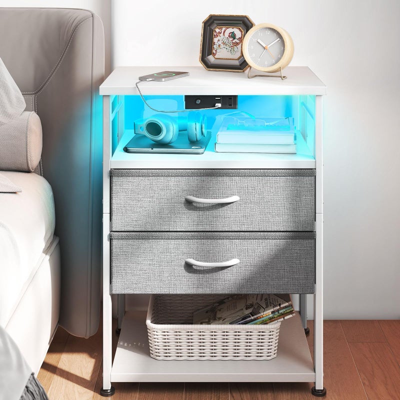 AODK Night Stand with Charging Station and LED Lights, 27.6 Inch Bed Side Table with 2 Drawers and Open Shelf, Bedside Table for Bedroom, Living Room, White & Light Grey - Image 1