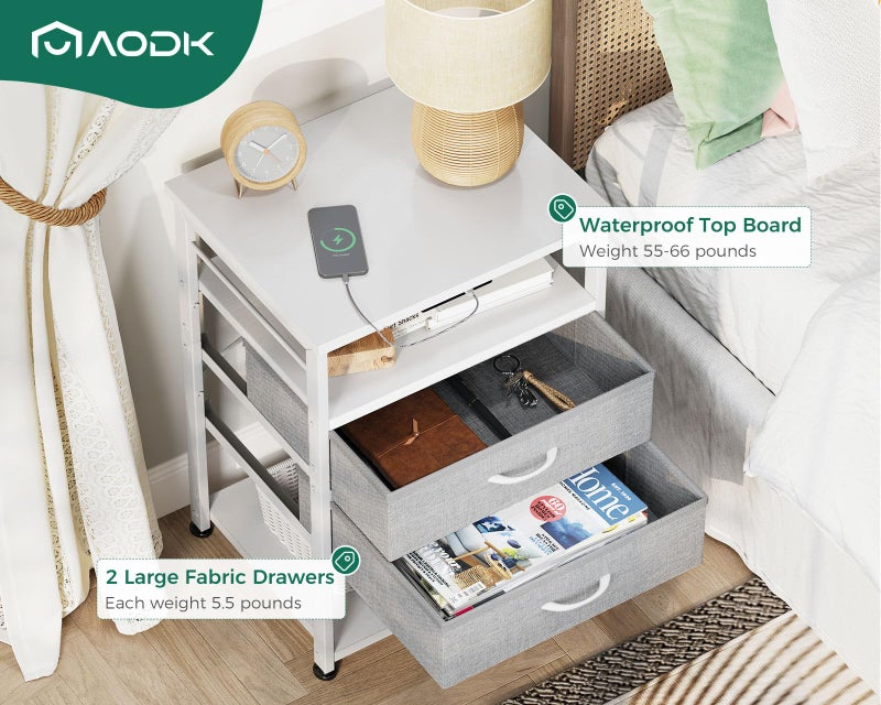 AODK Night Stand with Charging Station and LED Lights, 27.6 Inch Bed Side Table with 2 Drawers and Open Shelf, Bedside Table for Bedroom, Living Room, White & Light Grey - Image 5