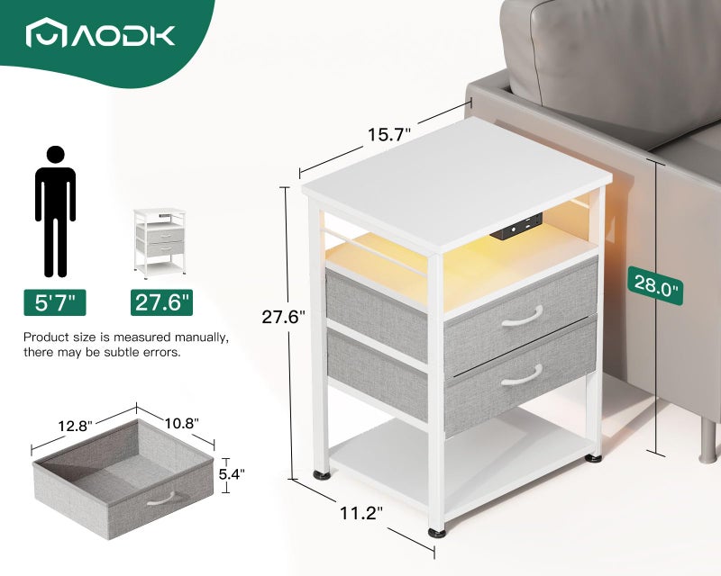 AODK Night Stand with Charging Station and LED Lights, 27.6 Inch Bed Side Table with 2 Drawers and Open Shelf, Bedside Table for Bedroom, Living Room, White & Light Grey - Image 2