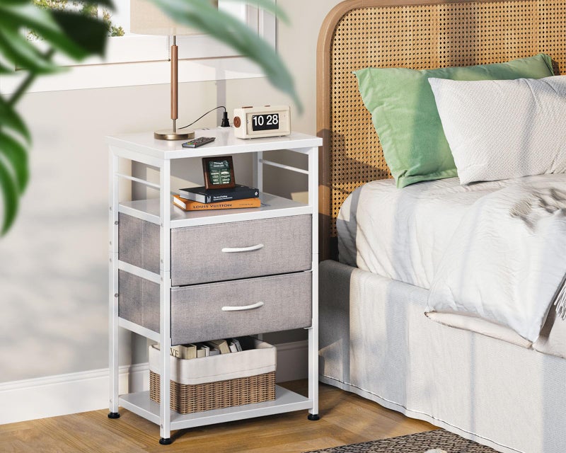 AODK Night Stand with Charging Station and LED Lights, 27.6 Inch Bed Side Table with 2 Drawers and Open Shelf, Bedside Table for Bedroom, Living Room, White & Light Grey - Image 3