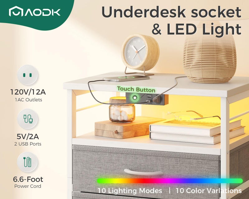 AODK Night Stand with Charging Station and LED Lights, 27.6 Inch Bed Side Table with 2 Drawers and Open Shelf, Bedside Table for Bedroom, Living Room, White & Light Grey - Image 4