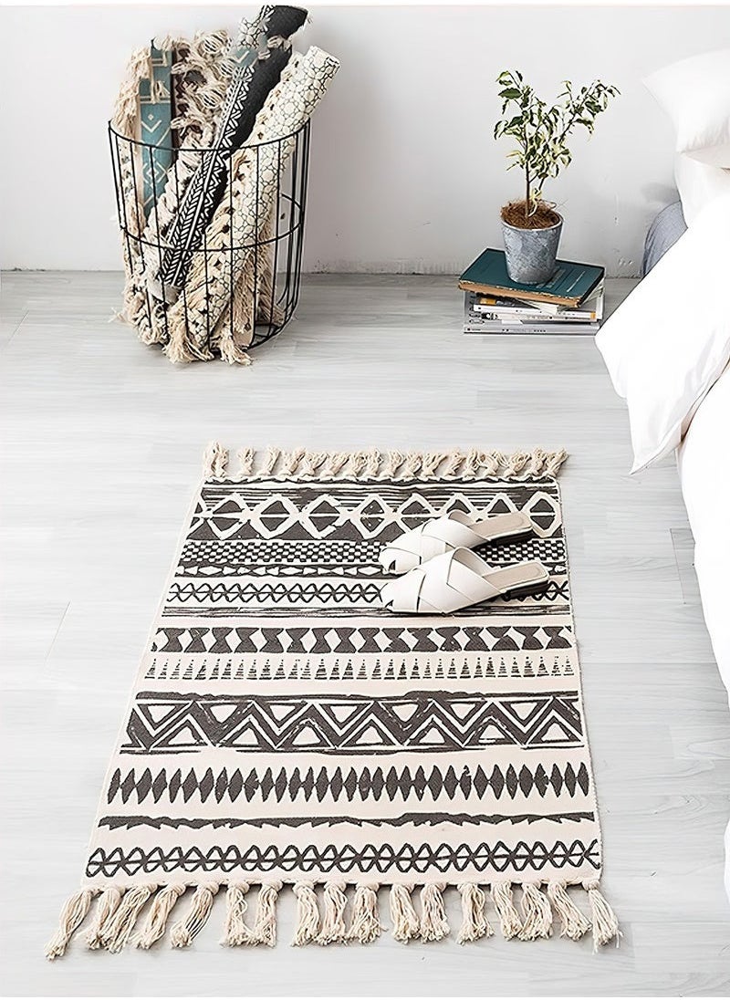 XiuWoo Floor Mat Soft Touch Hand-Woven Cotton And Linen Area Rugs Bohemian Fringed Small Rug Bedroom Modern Decor Mat 60*90cm  - Image 1