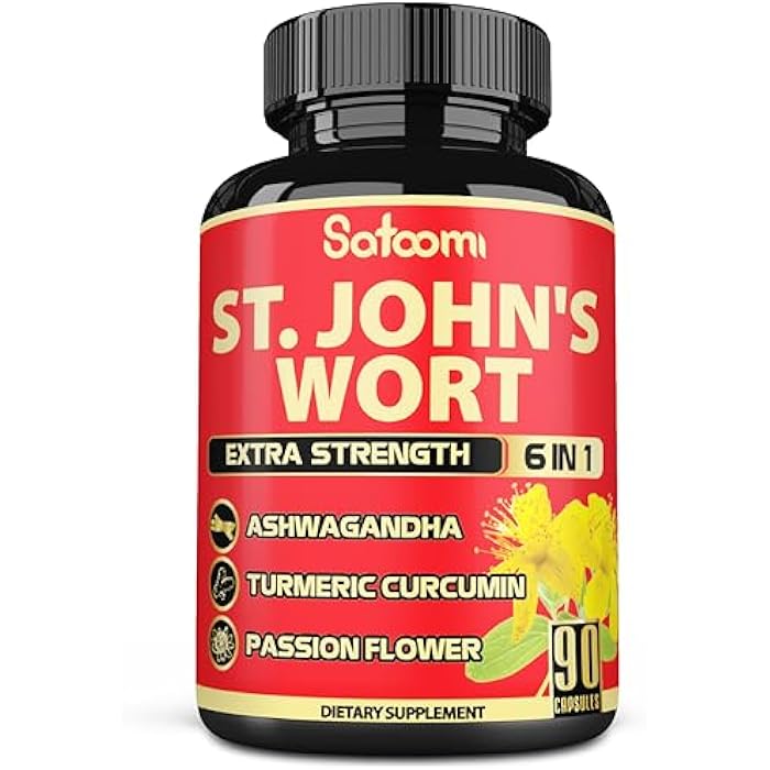 Satoomi St. John's Wort Capsules Extract Supplement - 6 Herbs Equivalent 5050 mg - Emotional Balance, Joyful Mood & Mood Support - 1 Pack 90 Veggie Caps 3-Month Supply - Image 1