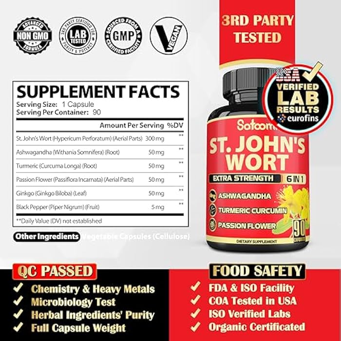 Satoomi St. John's Wort Capsules Extract Supplement - 6 Herbs Equivalent 5050 mg - Emotional Balance, Joyful Mood & Mood Support - 1 Pack 90 Veggie Caps 3-Month Supply - Image 5