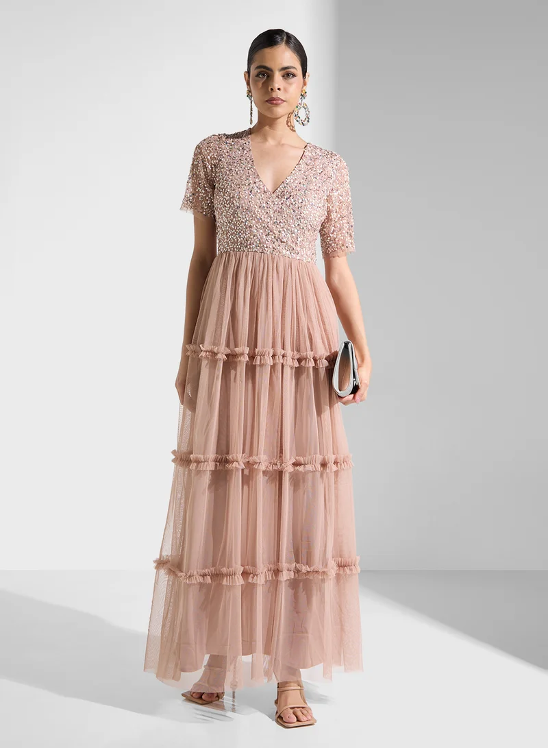 Lace and Beads Sequin Bodice Maxi Dress