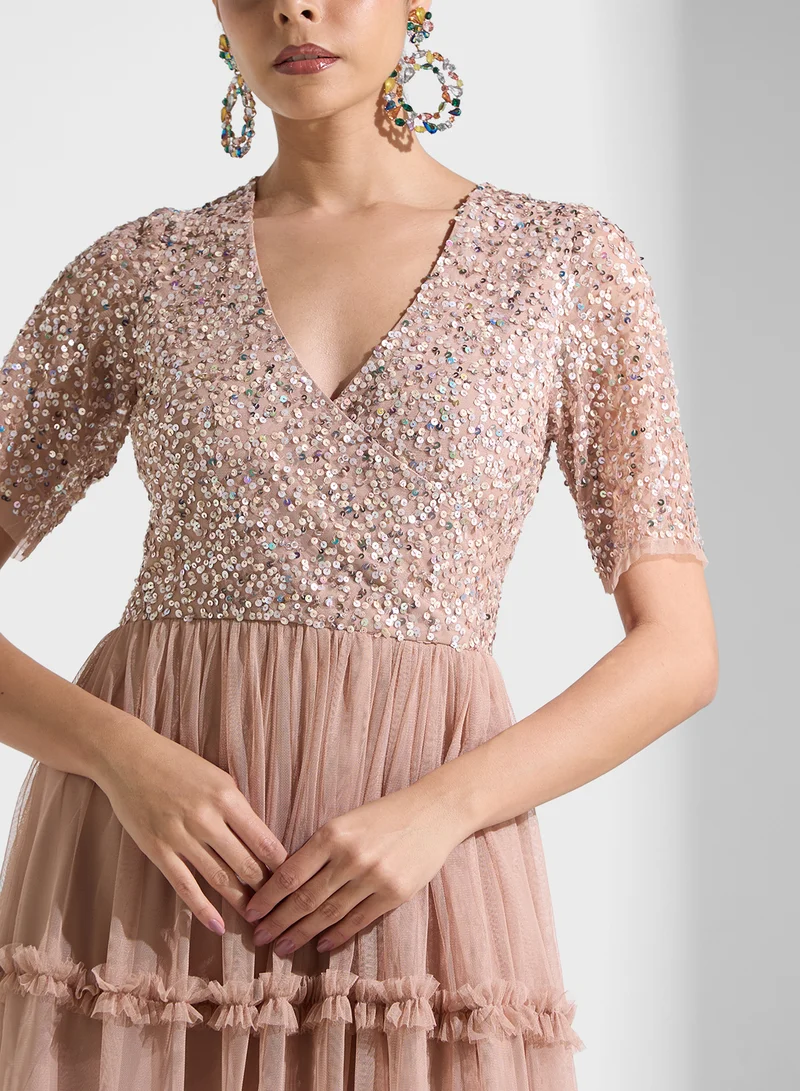Lace and Beads Sequin Bodice Maxi Dress