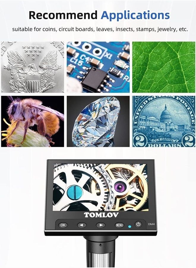 DM4 Coin Microscope 1000X with 4.3" Screen, 720P LCD Microscope with Metal Stand, 8 Adjustable LED Lights, PC View for Kids Adults, Windows Compatible, 32GB TF Card Included