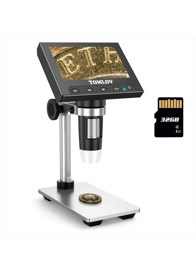 TOMLOV DM4 Coin Microscope 1000X with 4.3" Screen, 720P LCD Microscope with Metal Stand, 8 Adjustable LED Lights, PC View for Kids Adults, Windows Compatible, 32GB TF Card Included  - Image 1