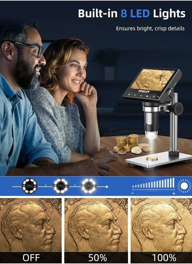 TOMLOV DM4 Coin Microscope 1000X with 4.3" Screen, 720P LCD Microscope with Metal Stand, 8 Adjustable LED Lights, PC View for Kids Adults, Windows Compatible, 32GB TF Card Included  - Image 5