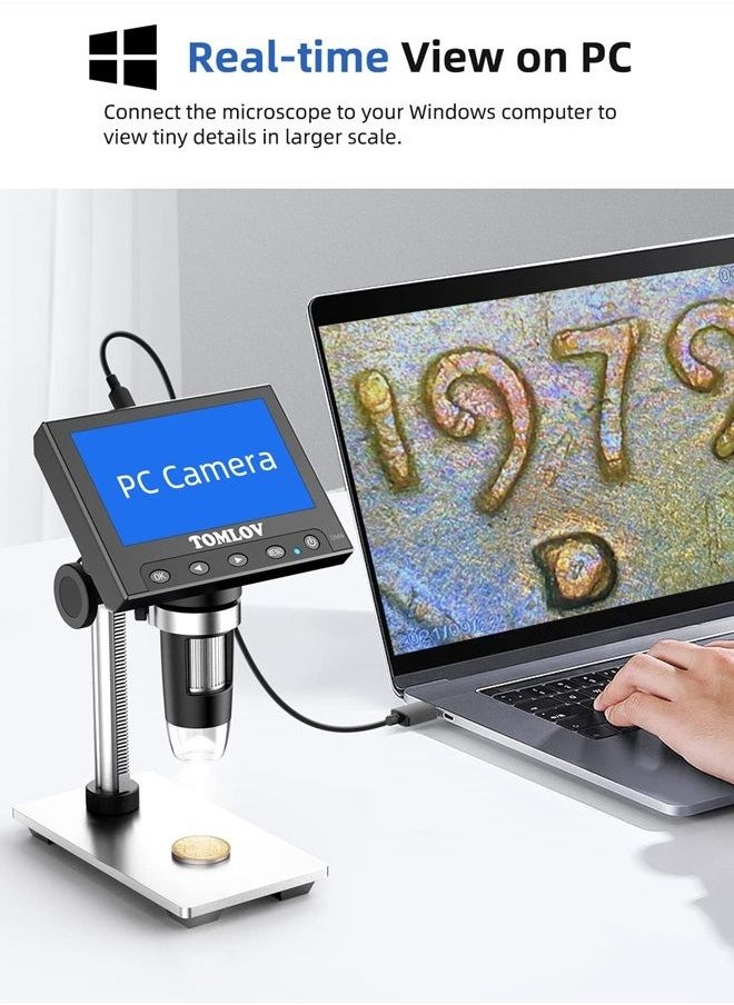 TOMLOV DM4 Coin Microscope 1000X with 4.3" Screen, 720P LCD Microscope with Metal Stand, 8 Adjustable LED Lights, PC View for Kids Adults, Windows Compatible, 32GB TF Card Included  - Image 4