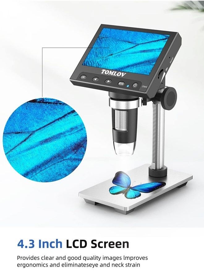 TOMLOV DM4 Coin Microscope 1000X with 4.3" Screen, 720P LCD Microscope with Metal Stand, 8 Adjustable LED Lights, PC View for Kids Adults, Windows Compatible, 32GB TF Card Included  - Image 2