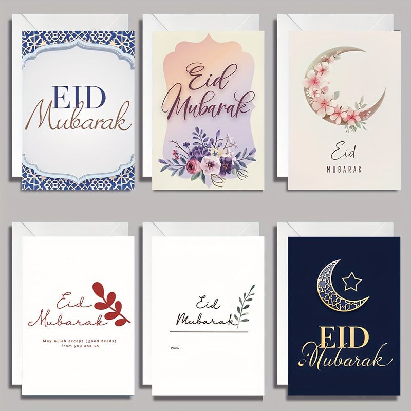 6 Pcs Set Eid Mubarak Greeting Cards With Islamic Patterns Ramadan Kareem Cards Crescent Moon Envelopes Included English Language Type For Family Gifts Eid Party Favors School Celebration Model ZY30 - Image 3