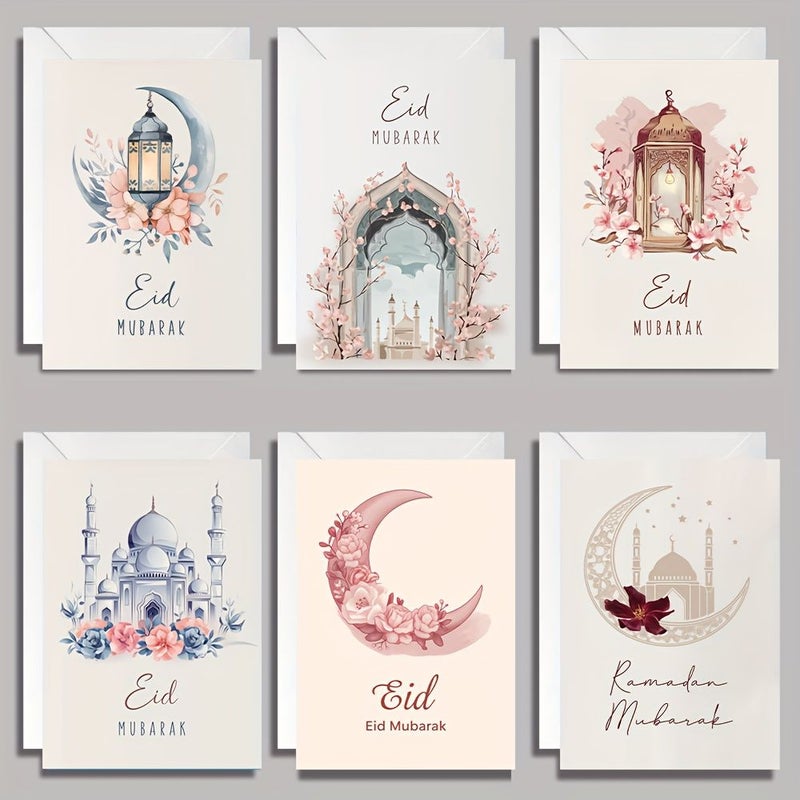 6 Pcs Set Eid Mubarak Greeting Cards With Islamic Patterns Ramadan Kareem Cards Crescent Moon Envelopes Included English Language Type For Family Gifts Eid Party Favors School Celebration Model ZY30 - Image 2
