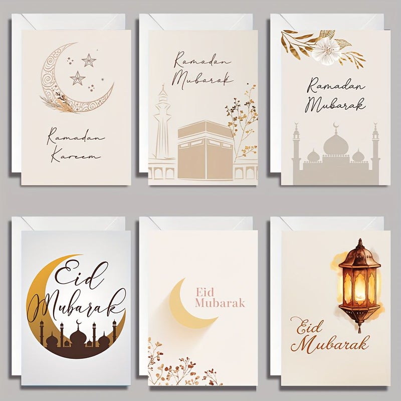 6 Pcs Set Eid Mubarak Greeting Cards With Islamic Patterns Ramadan Kareem Cards Crescent Moon Envelopes Included English Language Type For Family Gifts Eid Party Favors School Celebration Model ZY30 - Image 1