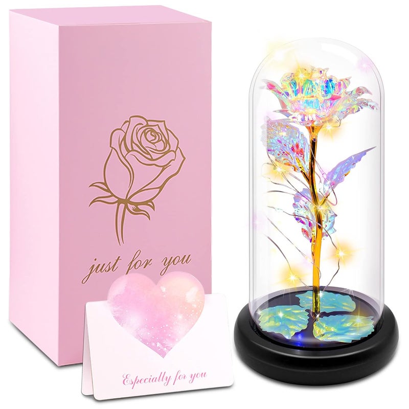 Glass Rose Gifts for MomGrandmaWife Valentines Day Gifts for Her with Greeting Card Colorful Light Up Eternal Rose in A Glass Dome