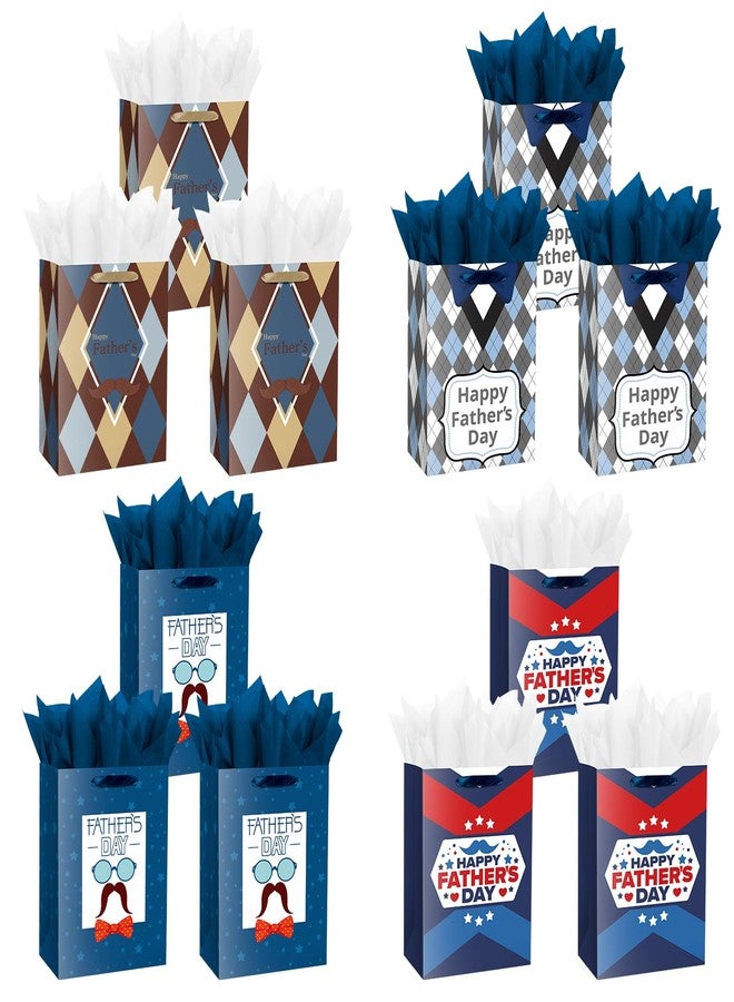 Linelglobal 12 Pcs Father's Day Bags with Handles and Tissues Bulk Treat Goodie Bags for Dad Husband Gradpa Men Father's Day Party Favor Wrapping Decorations - Image 1
