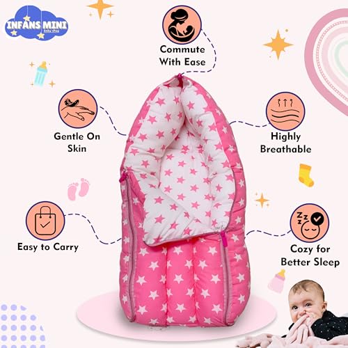 Infans Mini سرير الأطفال الصغير إنفانس ميني، كيس نوم وحاملة عش قطنية | 3 في 1 سرير متنقل قابل للتحويل - عش | سرير نوم موحد الجنس لحديثي الولادة من 0-6 أشهر (ستار بينك) - Image 5
