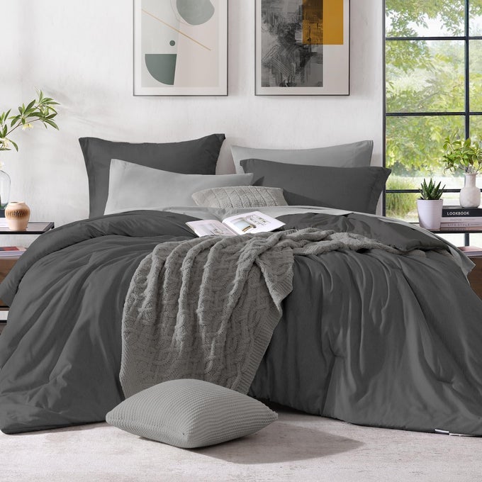QUEEN COMFORTER SET 7 PIECES CATIONIC DYEING DARK GREY BED IN A BAG QUEEN BEDDING SETS WITH COMFORTER SHEETS PILLOWCASES SHAMS REVERSIBLE BEDDING COMFORTERS SETS