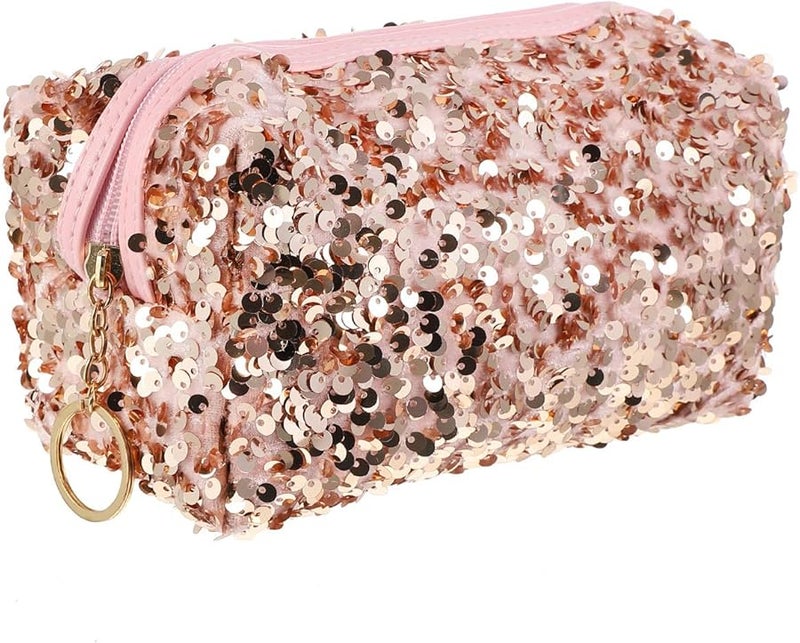 Large Capacity Sequin Makeup Bag Pink Square Travel Toiletry Organizer Storage Pouch - Image 1