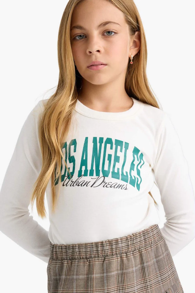 ديفاكتو Girl Slim Fit Slogan Printed Ribbed Long Sleeve T-Shirt