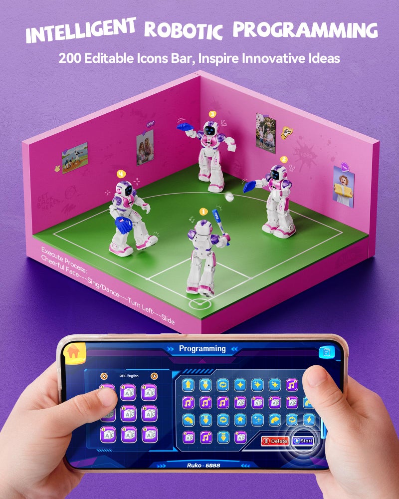 Ruko 6088 Dancing Robot for Girls with APP Control, Remote Control, Gesture Sensing Control, Interactive LED Faces, QA Games Rechargeable Programmable Robot Toys for 3 4 5 6 Years Kids, Pink Purple - Image 4