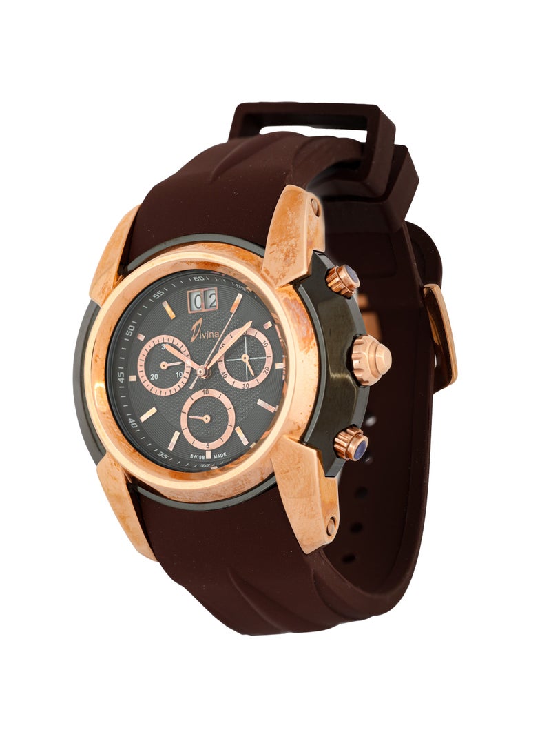 Divina Men's Watch, Chronograph, Swiss, Date Display, Waterproof, Rubber Bracelet, Brown - 461394MCR-1  - Image 1