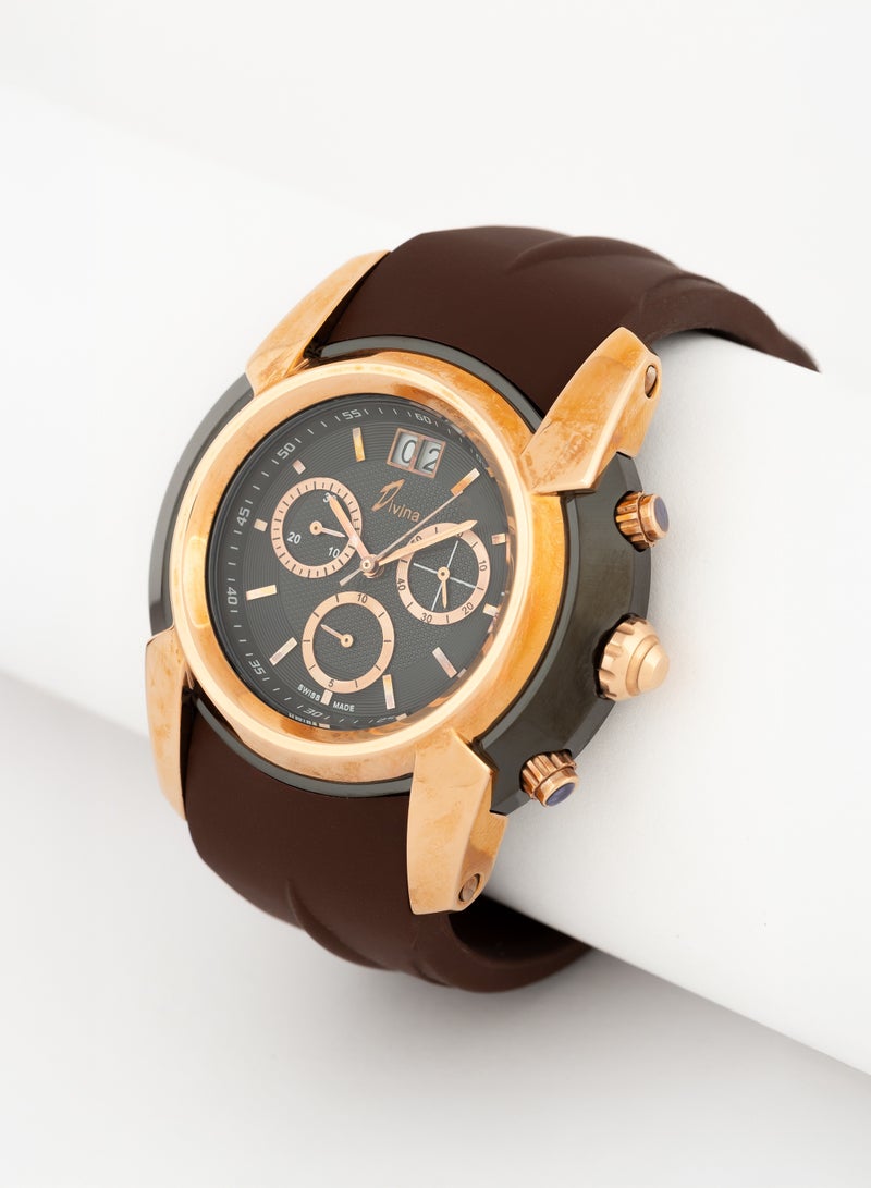 Divina Men's Watch, Chronograph, Swiss, Date Display, Waterproof, Rubber Bracelet, Brown - 461394MCR-1  - Image 3