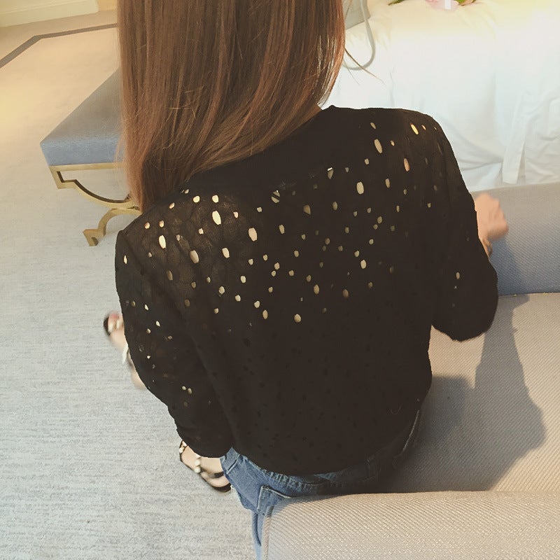 Long sleeve sunscreen womens 2024 summer new Korean lace short baseball uniform hollow short coat womens wholesale White  - Image 5