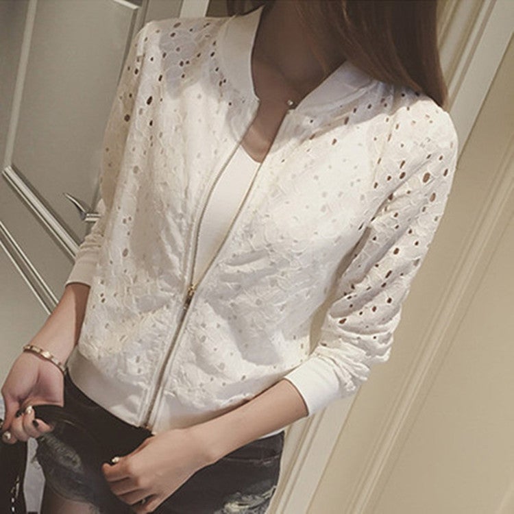 Long sleeve sunscreen womens 2024 summer new Korean lace short baseball uniform hollow short coat womens wholesale White  - Image 2