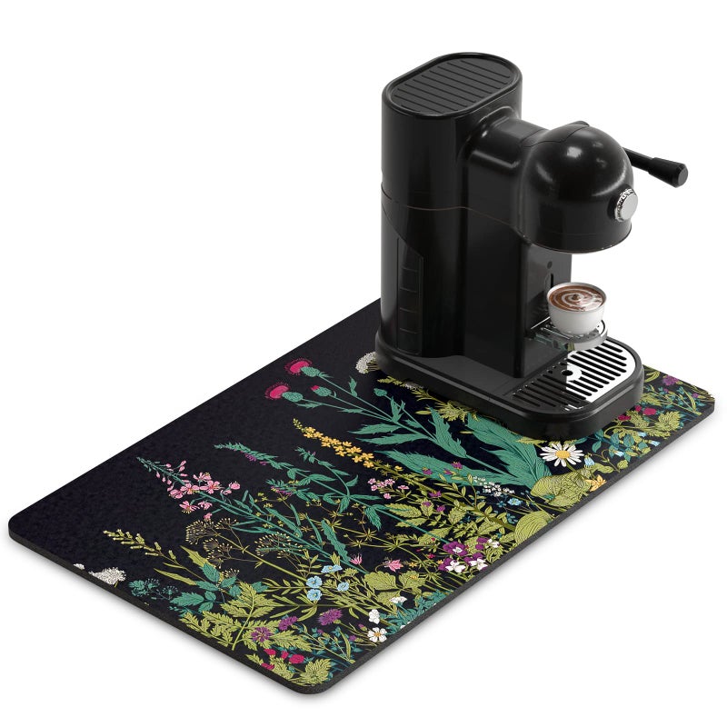 Rnivvi Coffee Mat, 12" x 19" Cute Flower Theme Coffee Bar Mats for Espresso Machine Station Accessories and Organizer, Hide Stain Rubber Backed Absorbent Dish Drying Pad for Kitchen Counter, Black - Image 1