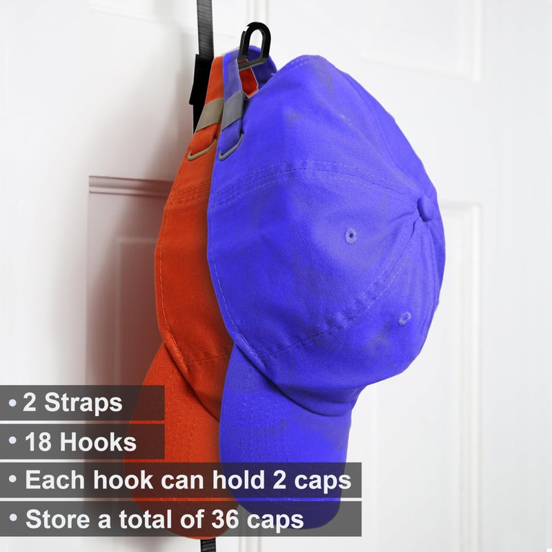 Perfect Curve CapRack | Over-The-Door Hat Organizer for Baseball Caps | 2 Straps, Holds 18-36 Adjustable Caps | Black - Image 4