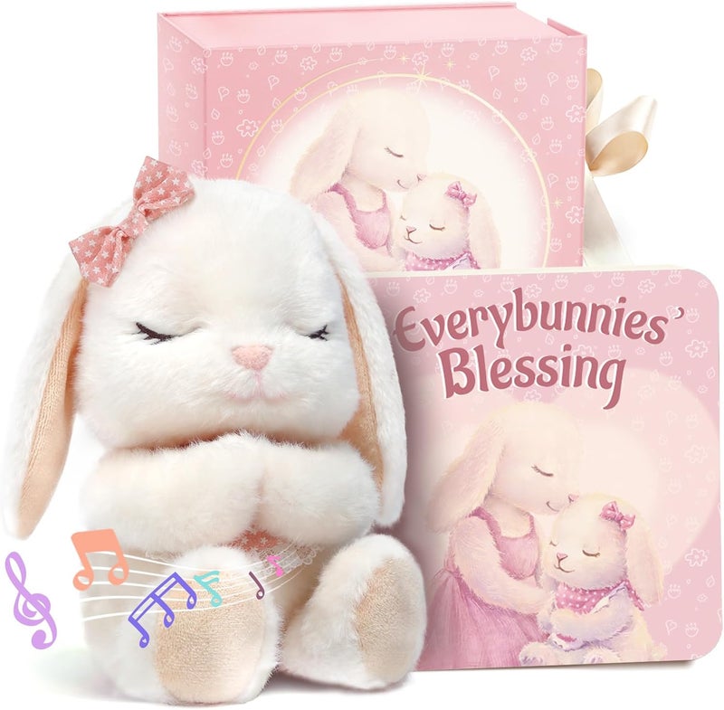 Baptism Gift Set for Baby Girls with Musical Praying Bunny Plush Toy & Everybunnies' Blessing Book - Image 1