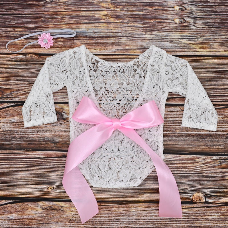 Newborn Photography Outfit Lace Headband Set Pink 
