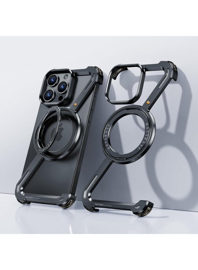 أوتس باسف جراب OATSBASF أسود لهاتف iPhone 16 Pro Max مع مسند قابل للدوران 360 درجة | جراب معدني من الألومنيوم بدون إطار | غطاء واقٍ مقاوم للصدمات - Image 3